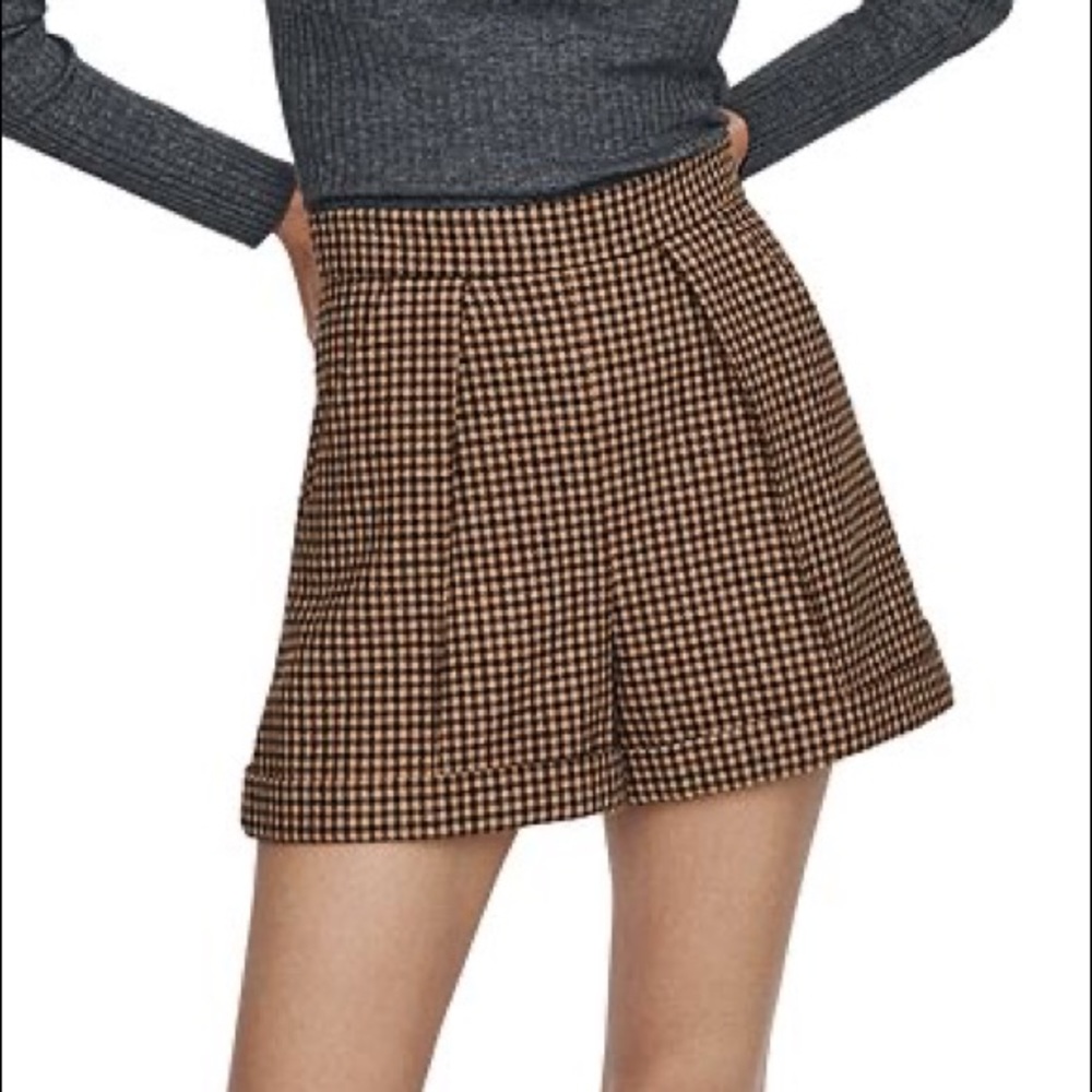 Maje Brown/Maroon Wool Blend Pleated Houndstooth Shorts, Size 2